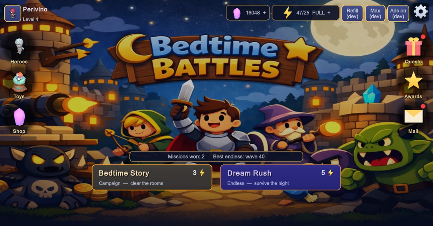 Bedtime Battles home screen — heroes, toys, shop, quests and campaign modes